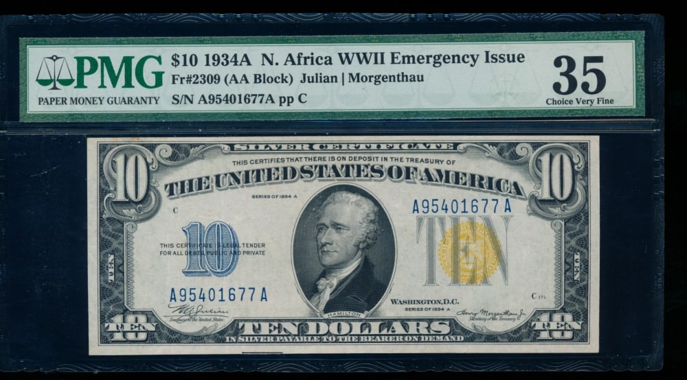 1934A $10 N Africa Silver Certificate PMG 35: One 1934A $10 N Africa Silver Certificate PMG 35.