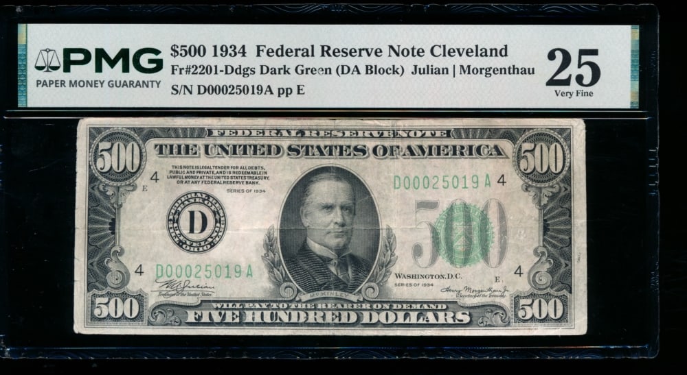 1934 $500 Cleveland FRN PMG 25: One 1934 $500 Cleveland FRN PMG 25.