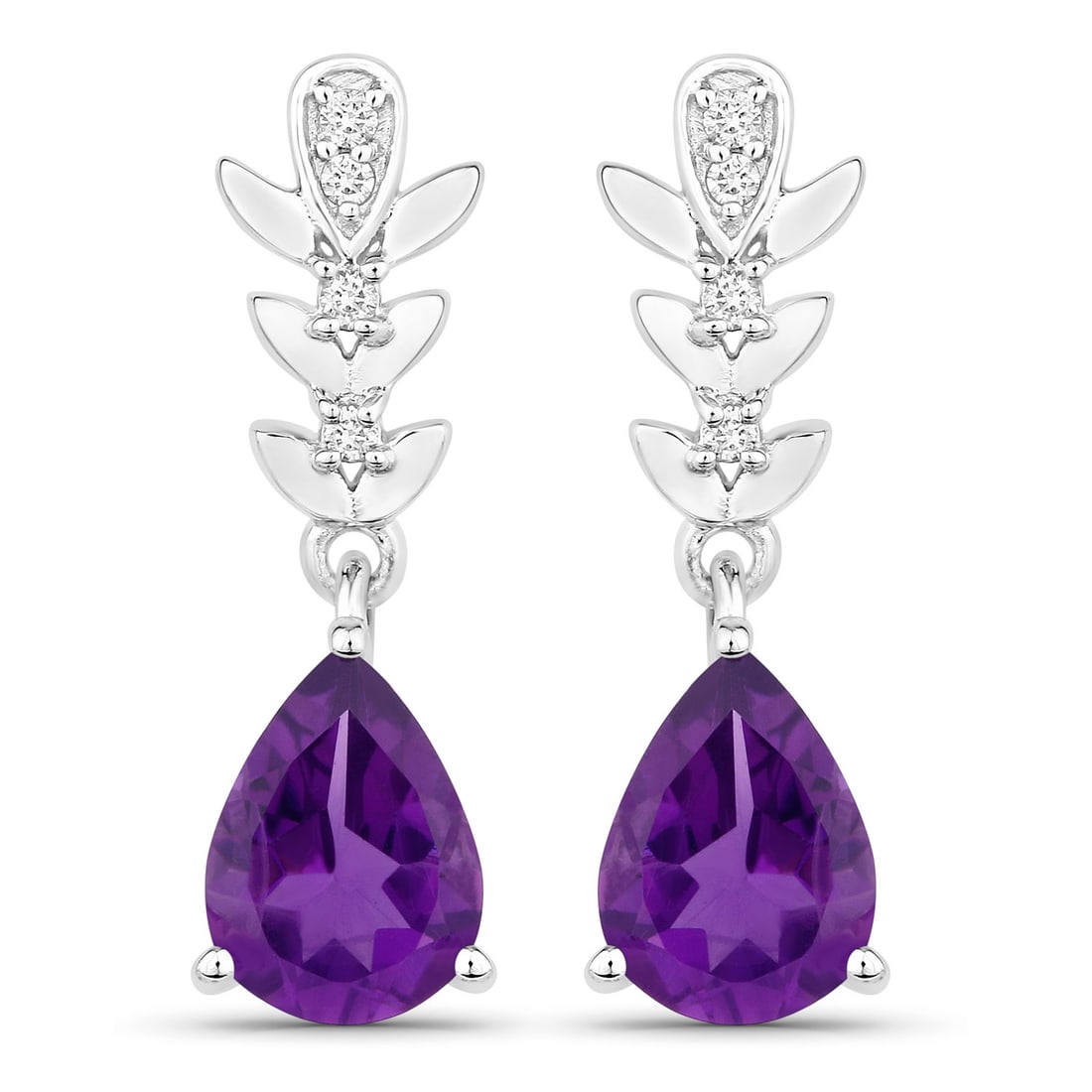Plated Rhodium 2.00ctw Amethyst and Lab Diamond Earrings: Amethyst Pear/8x6mm - 2/2.00 ctw Prong Setting Natural Not Treated E + Lab Grown Diamond Round/1.30mm - 4/0.04 ctw + Lab Grown Diamond Round/1.20mm - 4/0.03 ctw