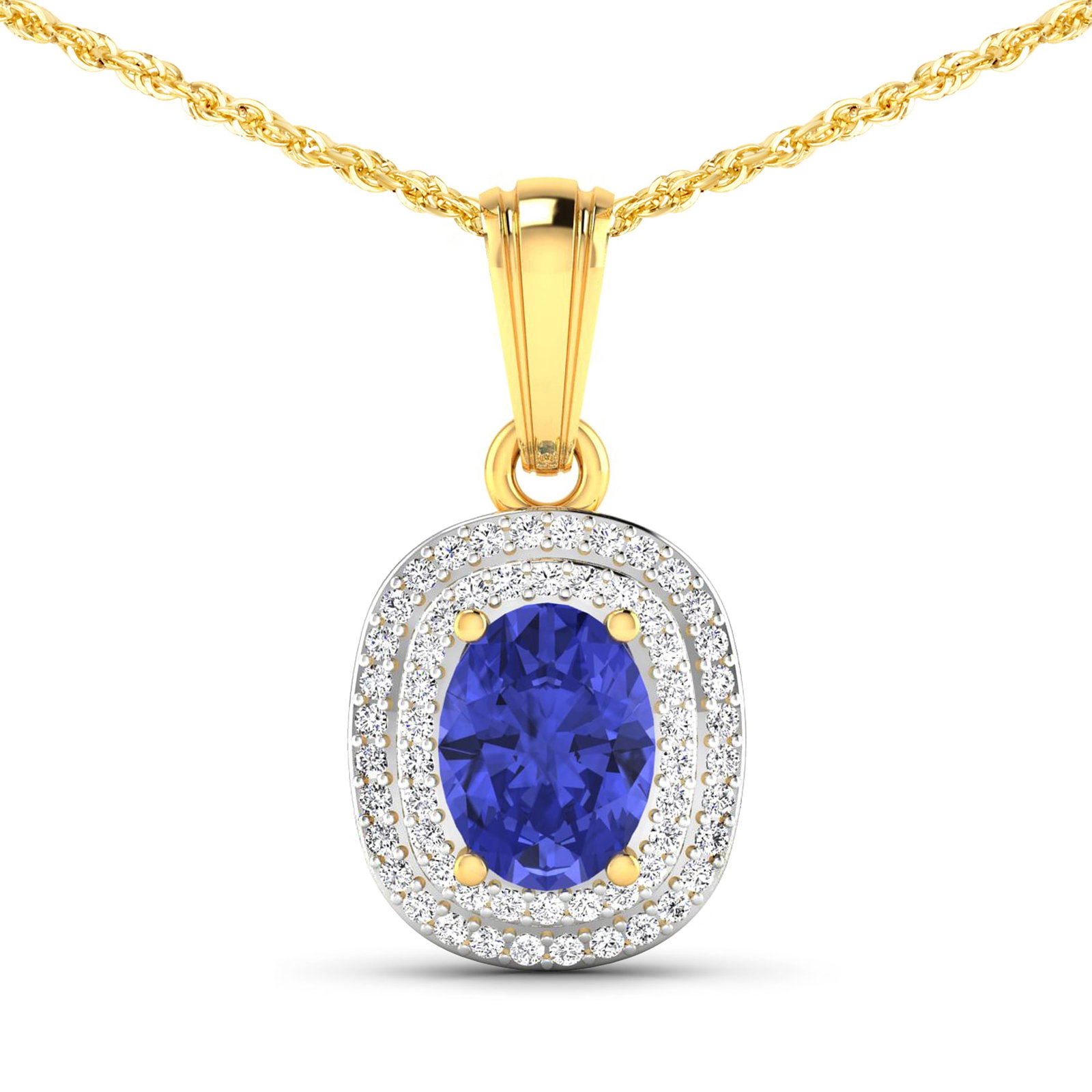 14KT Yellow Gold 1.09ct Tanzanite and Diamond Pendant with Chain: (1) Oval Tanzanite stone with a total weight of 1.09cts. (58) round Diamonds with a total weight of 0.26cts with a color of (i) and a clarity of i1-i2. Total weight of this pendant with chain is 2.79 