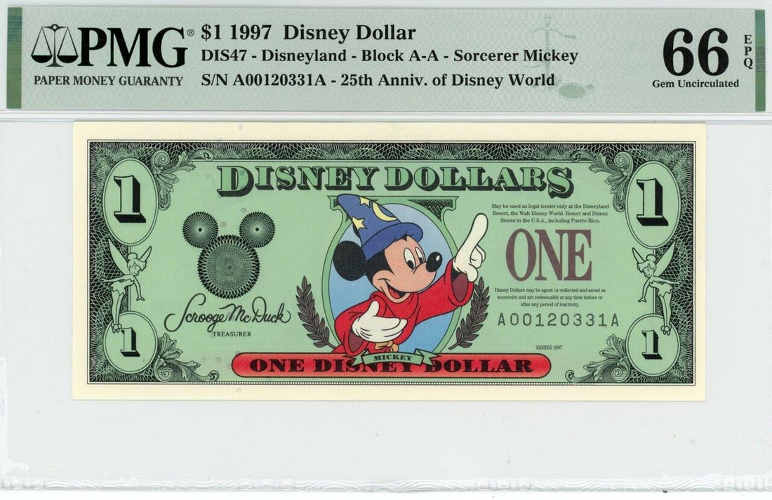1997 $1 Sorcerer Mickey Disney Dollar PMG 66EPQ: One 1997 $1 Sorcerer Mickey Disney Dollar PMG 66EPQ.
