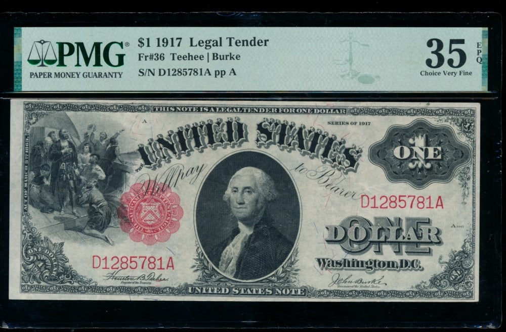1917 $1 Legal Tender Note PMG 35EPQ: One 1917 $1 Legal Tender Note PMG 35EPQ.