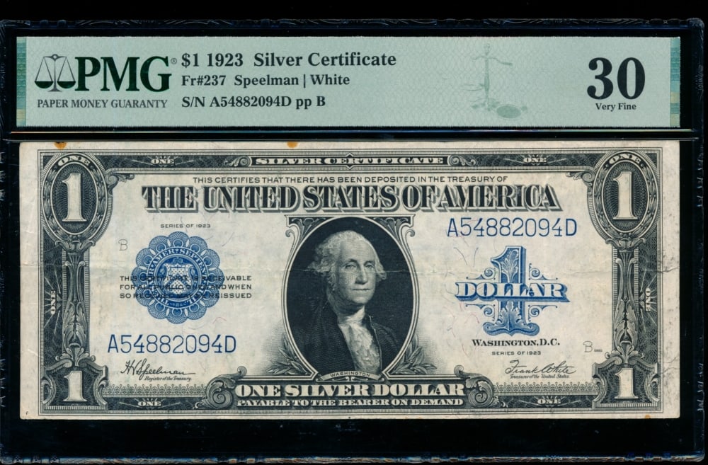 1923 $1 Silver Certificate PMG 30: One 1923 $1 Silver Certificate PMG 30.