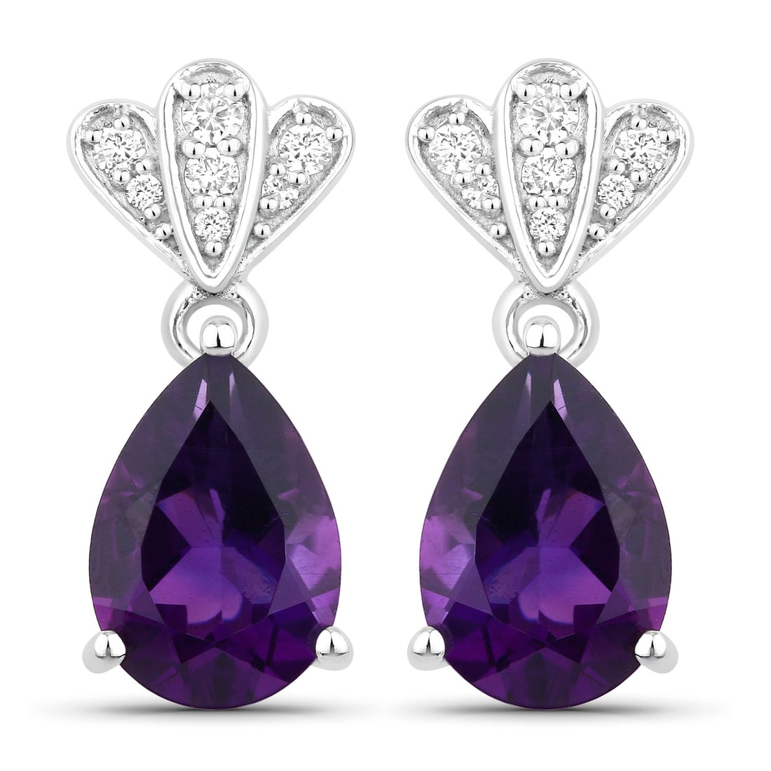 Plated Rhodium 2.70ctw Amethyst and Lab Diamond Earrings: Amethyst Pear/10x7mm - 2/2.70 ctw Prong Setting Natural Not Treated E + Lab Grown Diamond Round/1.70mm - 2/0.04 ctw + Lab Grown Diamond Round/1.50mm - 6/0.09 ctw + Lab Grown Diamond Round/1.00mm - 6/0