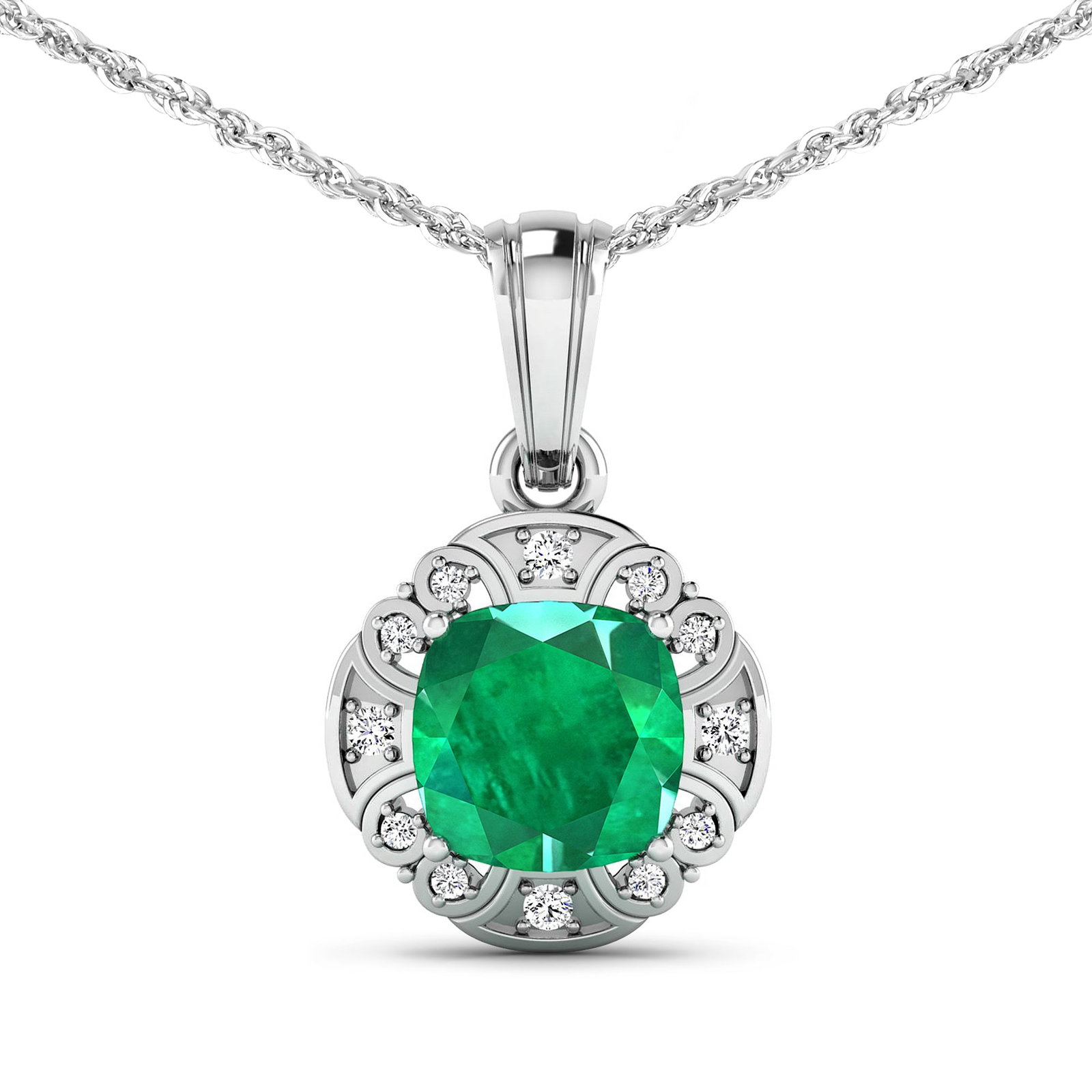 14KT White Gold 2.07ctw Zambian Emerald and Diamond Pendant: Zambian Emerald (AA) Cushion 8.00mm - 1Pc + White Diamond F/C Round 1.50mm - 4Pcs + White Diamond F/C Round 1.00mm - 8Pcs ( SI-2/HI ) Total weight of gemstone is 2.07cts. Total Diamond weight is 0.09c