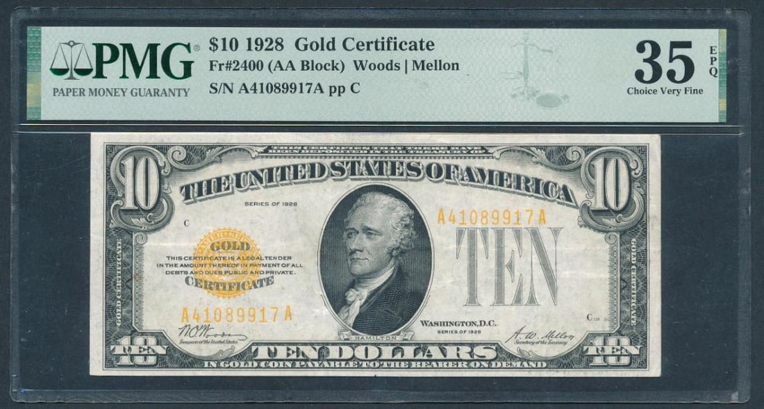 1928 $10 Gold Certificate PMG 35EPQ: One 1928 $10 Gold Certificate PMG 35EPQ.