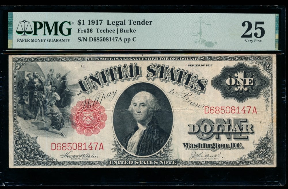 1917 $1 Legal Tender Note PMG 25: One 1917 $1 Legal Tender Note PMG 25.