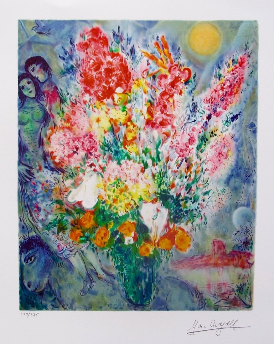MARC CHAGALL ORIGINAL BOUQUET Facsimile Signed Limited Edition Giclee: This is a Marc Chagall limited edition giclee titled ORIGINAL BOUQUET. This subject is facsimile signed which means it has a copy of Chagalls signature. Numbered from a limited edition of 375. Image m