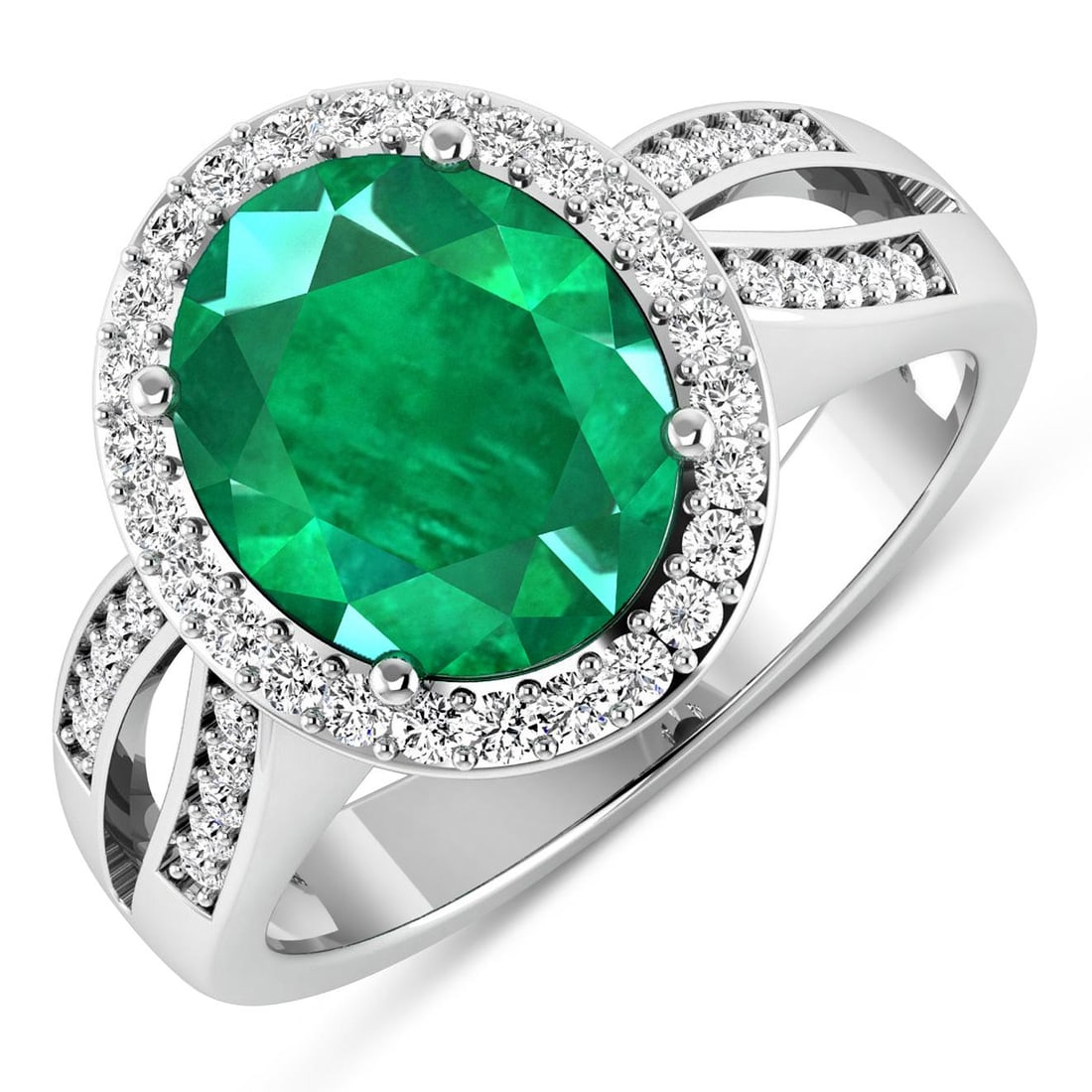14KT White Gold 3.14ctw Zambian Emerald and Diamond Ring: Zambian Emerald (AA) Oval 11x9mm - 1Pc + White Diamond F/C Round 1.30mm - 26Pcs + White Diamond F/C Round 1.10mm - 20Pcs ( SI-2/HI ) Total weight of gemstone is 3.14cts. Total Diamond weight is 0.39ct