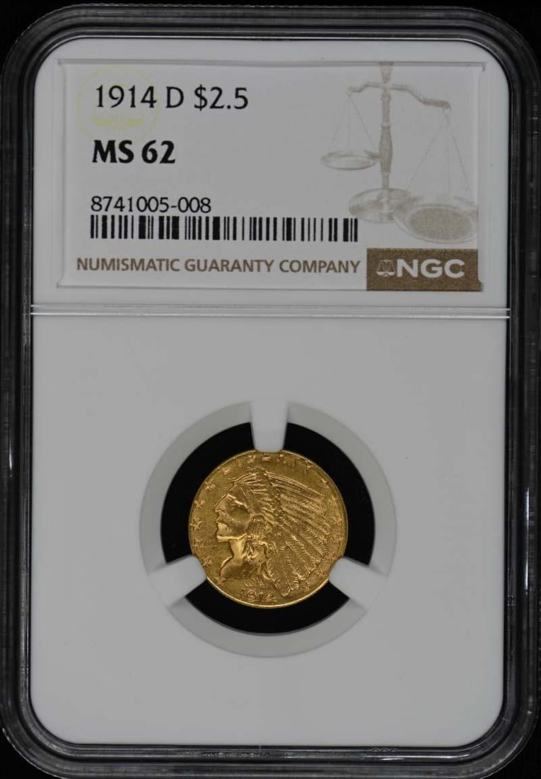 1914-D $2.5 Indian Quarter Eagle NGC MS62: One 1914-D $2.5 Indian Quarter Eagle NGC MS62.