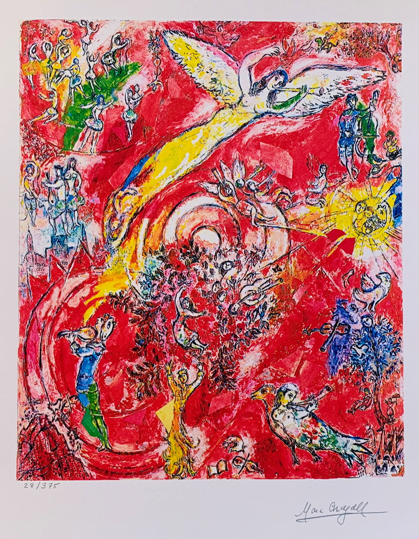 Marc Chagall THE TRIUMPH OF MUSIC Limited Edition Facsimile Signed Giclee: This is a Marc Chagall limited edition small giclee titled THE TRIUMPH OF MUSIC. This giclee is facsimile signed on the lower right and is pencil numbered on the lower left from an edition of 375. Pap
