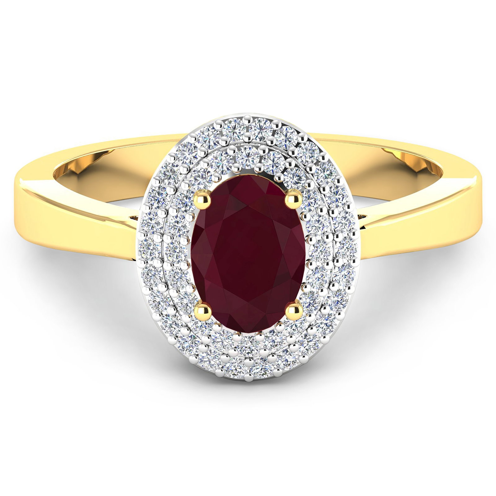 14KT Yellow Gold 0.95ct Ruby and Diamond Ring: Ruby (AA) Oval 7x5mm - 1Pc + White Diamond F/C Round 0.90mm - 46Pcs ( White Pan Rhodium ) (I1-I2/I color). Total weight of gemstone is 0.95cts. Total weight of Diamonds is 0.16cts. Total weight of thi