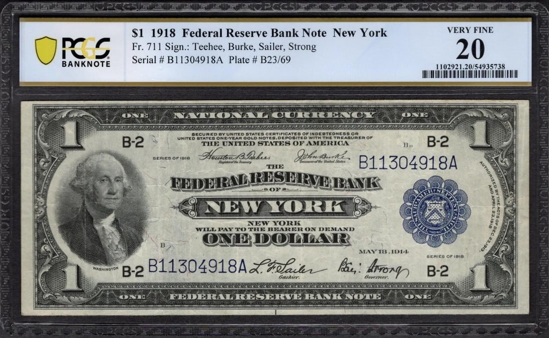 1918 $1 New York FRBN PCGS 20: One 1918 $1 New York FRBN PCGS 20.