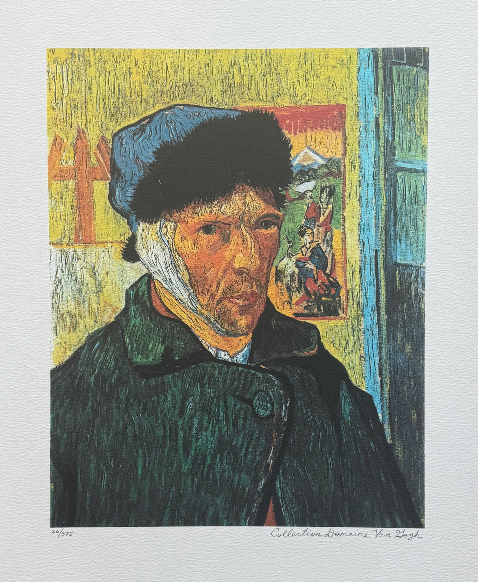 Vincent Van Gogh SELF PORTRAIT WITH BANDAGED EAR Estate Signed Limited Edition Giclee: This is a VINCENT VAN GOGH (ESTATE COLLECTION DOMAINE) reproduction giclee titled SELF PORTRAIT WITH BANDAGED EAR. This piece is pencil signed on the lower right as Collection Domaine Van Gogh and