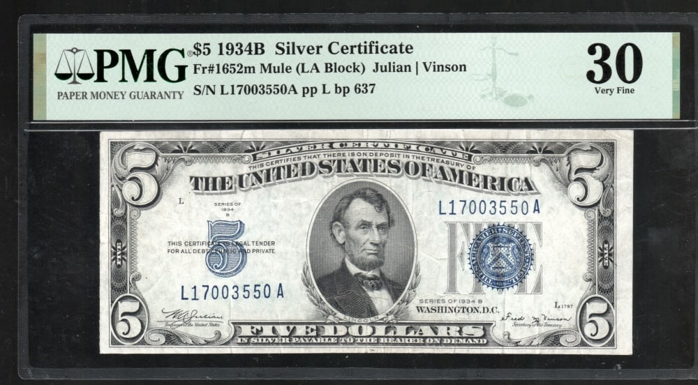 1934B $5 Silver Certificate PMG 30: One 1934B $5 Silver Certificate PMG 30.