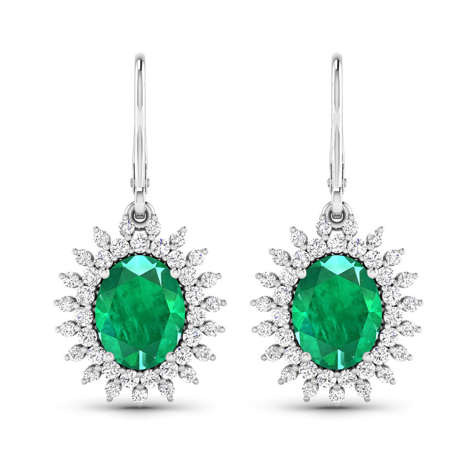 14KT White Gold 3.06ctw Zambian Emerald and Diamond Earrings: Zambian Emerald (AA) Oval 9x7mm - 2Pcs + White Diamond F/C Round 1.50mm - 38Pcs + White Diamond F/C Round 1.20mm - 38Pcs ( Diamond Quality : SI-2/HI ) Total weight of gemstones is 3.06cts. Total