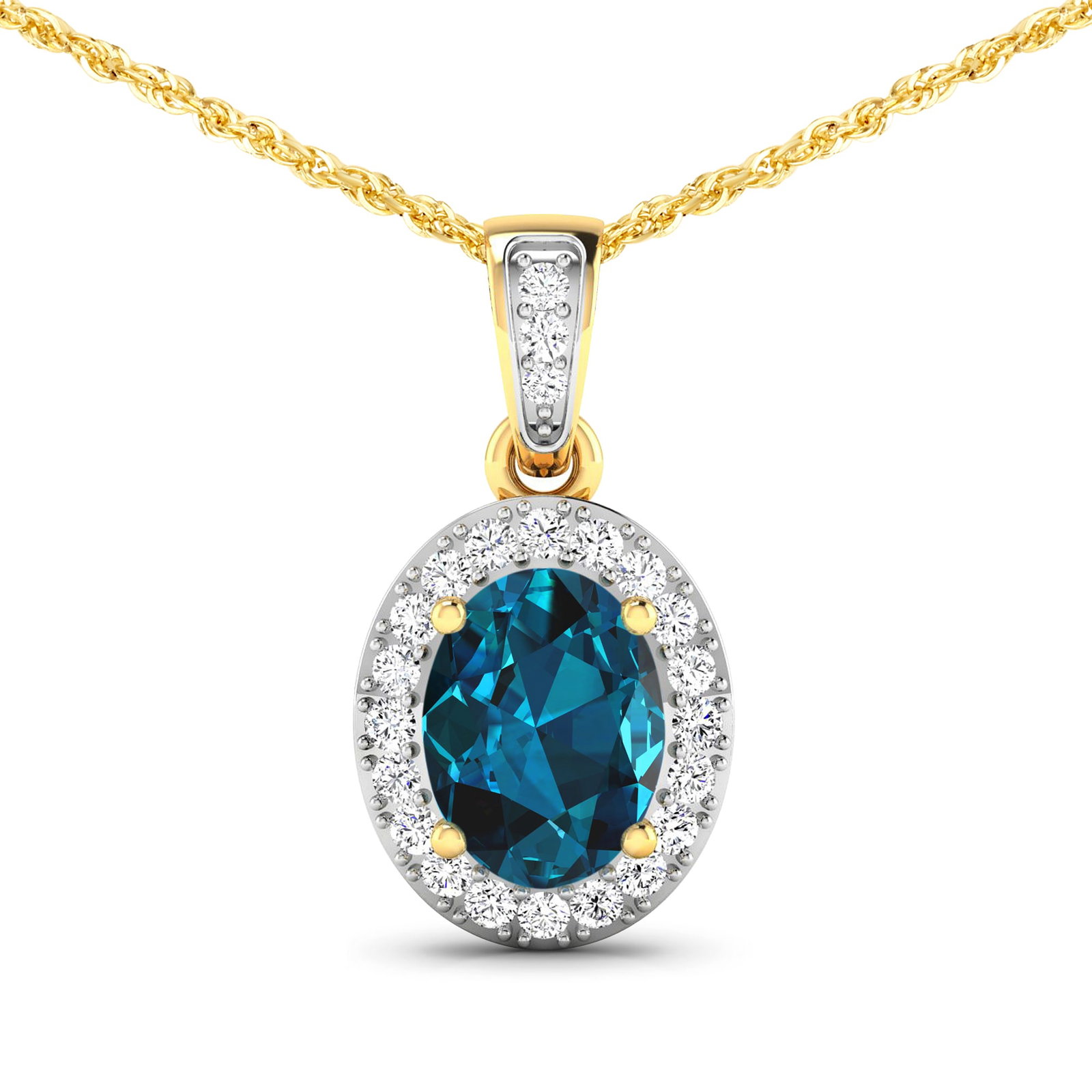 14KT Yellow Gold 1.10ct London Blue Topaz and Diamond Pendant with Chain: 1 London Blue Topaz stone with a total weight of 1.10cts. London Blue Topaz Oval 8x6mm - 1Pc + White Diamond F/C Round 1.20mm - 22Pcs + White Diamond F/C Round 1.10mm - 1Pc (I1-I2/I color). Diamonds w