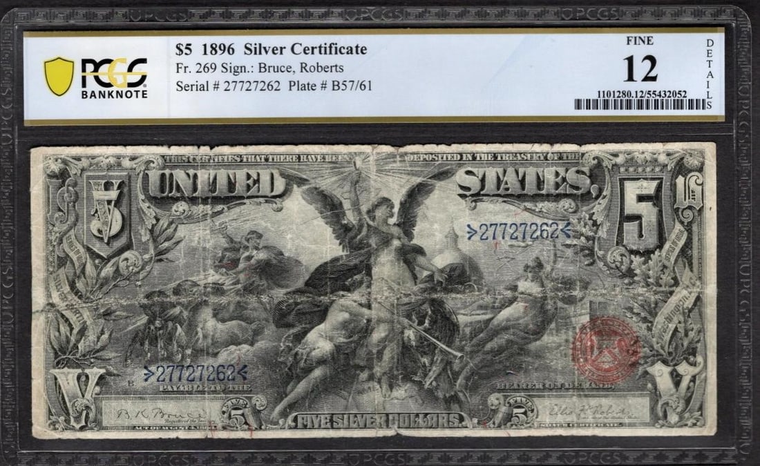 1896 $5 Educational Silver Certificate PCGS 12: One 1896 $5 Educational Silver Certificate PCGS 12.
