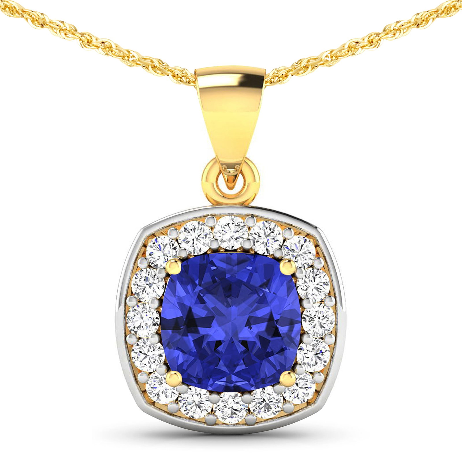 14KT Yellow Gold 2.10ct Tanzanite and Diamond Pendant with Chain: 1 Tanzanite stone with a total weight of 2.10cts. Tanzanite (AA+) Cushion 8.00mm - 1Pc + White Diamond F/C Round 2.00mm - 16Pcs ( Diamond Quality : SI-2/HI ). Diamonds with a total weight of 0.48cts. 