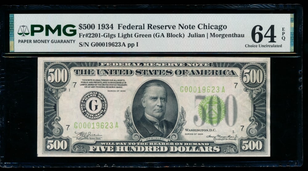 1934 $500 Chicago FRN PMG 64EPQ: One 1934 $500 Chicago FRN PMG 64EPQ.