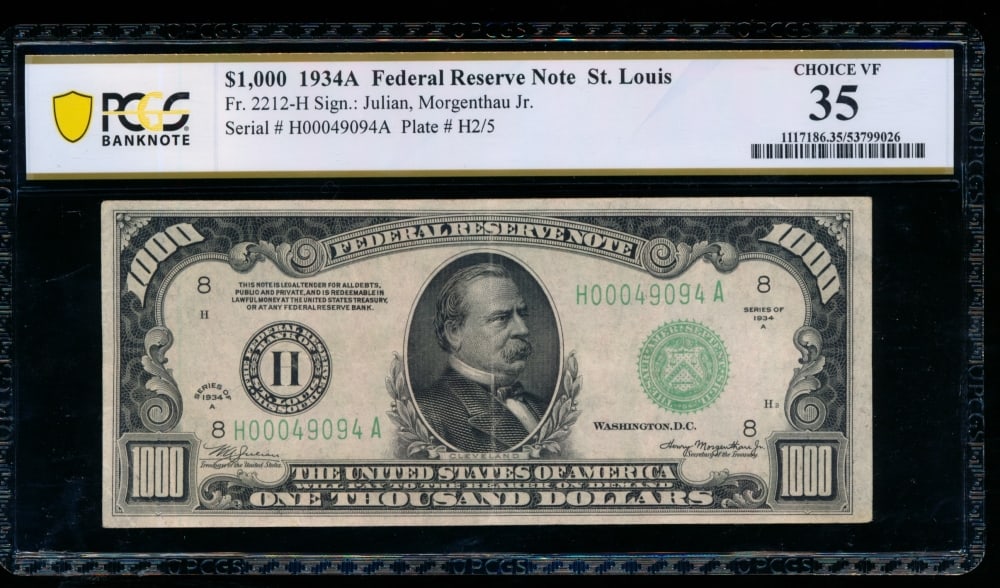 1934A $1000 St Louis FRN 35: One 1934A $1000 St Louis FRN 35.
