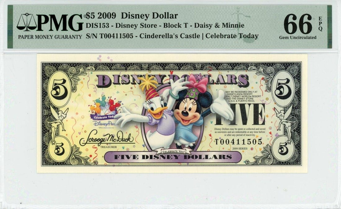 2009 $5 Daisy and Minnie Disney Dollar PMG 66EPQ (1 of 2)