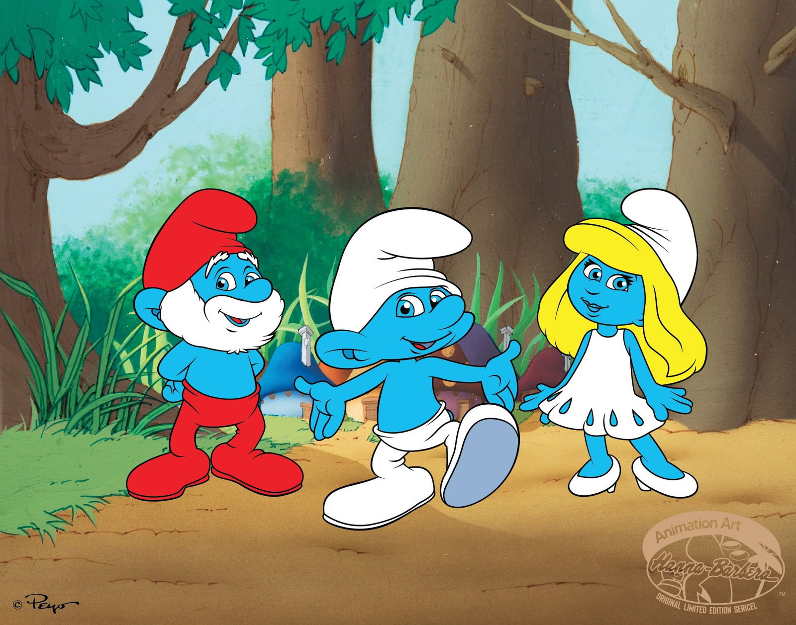 Hanna Barbera SMURFS Sericel Animation Art Serigraph Cel: This is a limited edition Hanna Barbera sericel titled The Smurfs. This fantastic animation sericel features Papa Smurf, Smurfette and Clumsy Smurf as they appeared in the original classic animated an