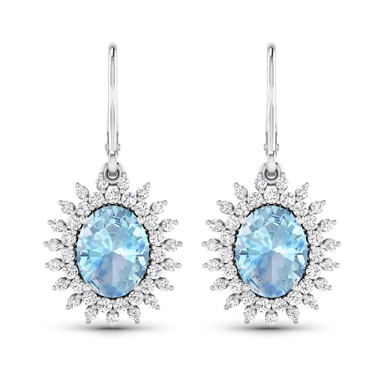 14KT White Gold 2.56ctw Aquamarine and Diamond Earrings: Aquamarine Oval 9x7mm - 2Pcs + White Diamond F/C Round 1.50mm - 38Pcs + White Diamond F/C Round 1.20mm - 38Pcs ( Diamond Quality : SI-2/HI ) Total weight of gemstones is 2.56cts. Total Diamond weight 
