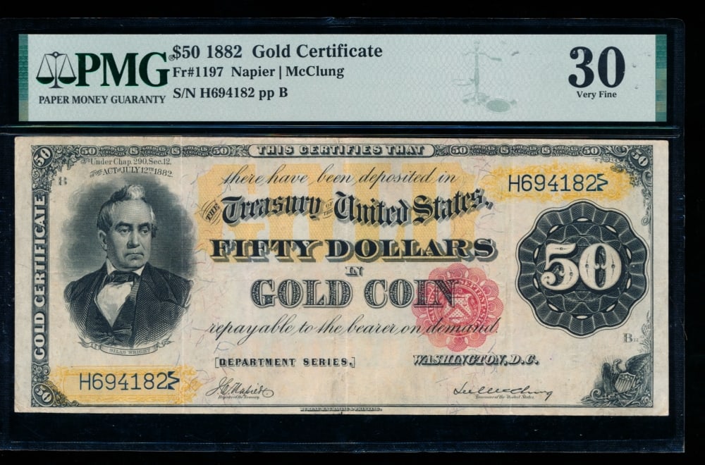 1882 $50 Gold Certificate PMG 30: One 1882 $50 Gold Certificate PMG 30.