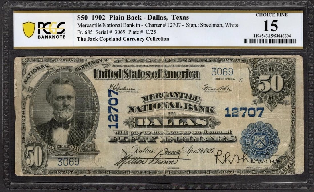 1902 $50 Dallas TX National PCGS 15: One 1902 $50 Dallas TX National PCGS 15.