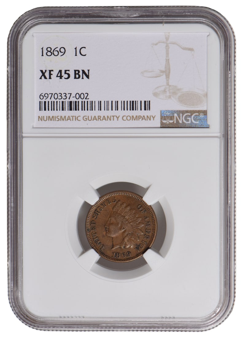 1869 Indian Cent NGC XF45BN: One 1869 Indian Cent NGC XF45BN.