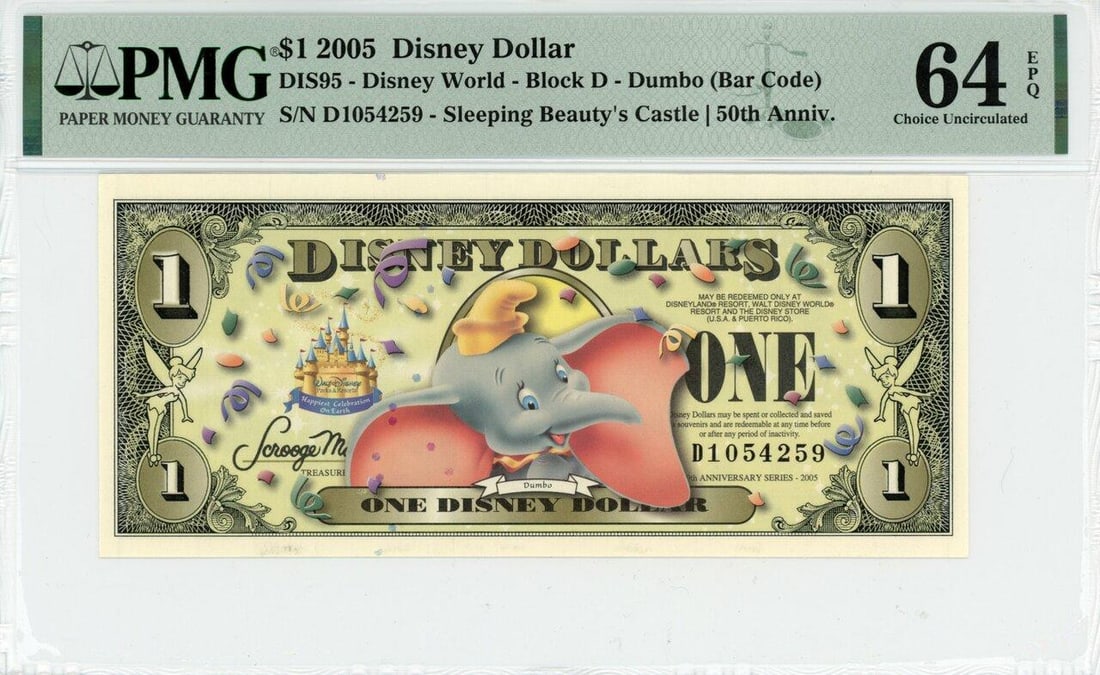 2005 $1 Dumbo Disney Dollar PMG 64EPQ: One 2005 $1 Dumbo Disney Dollar PMG 64EPQ.