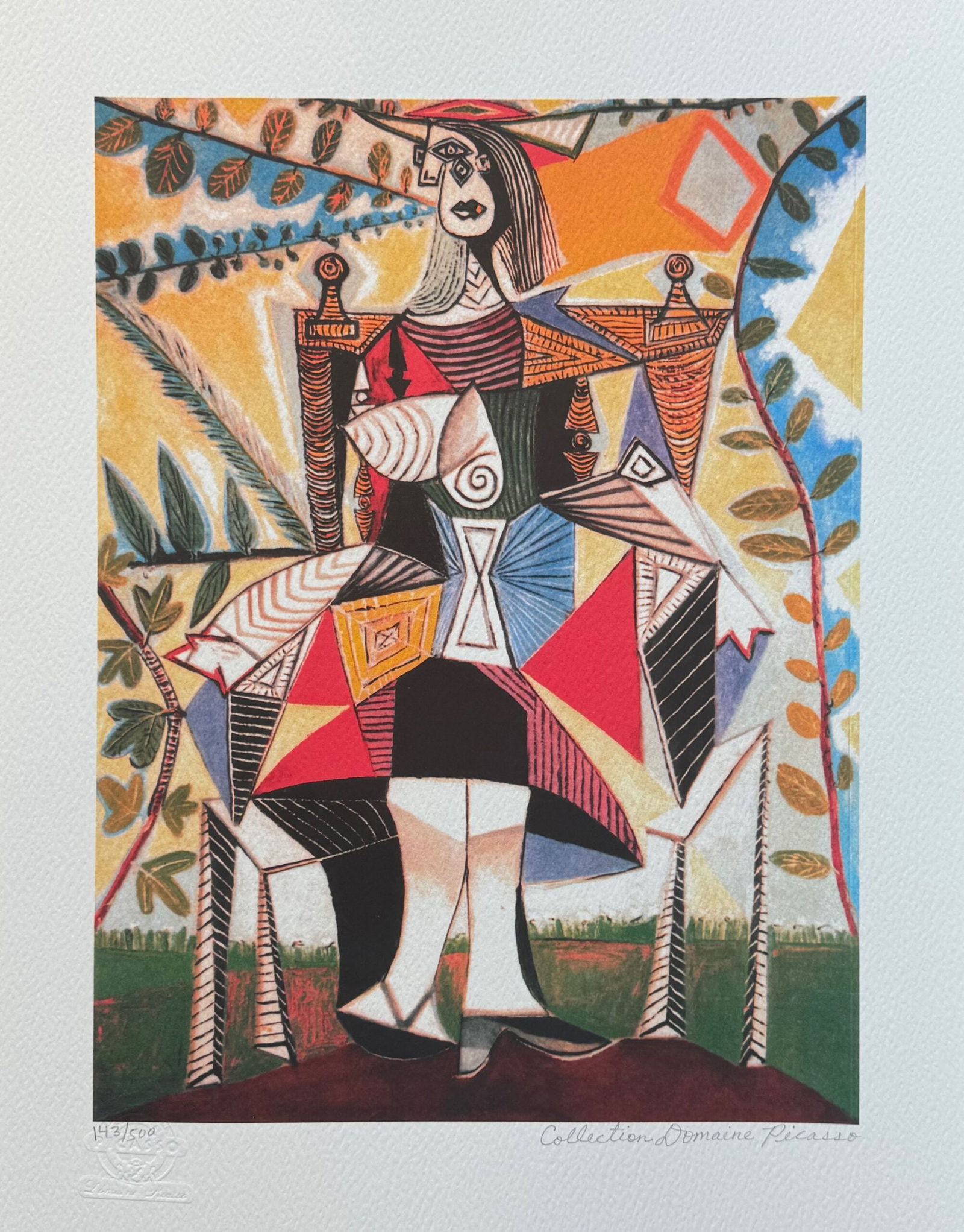 Pablo Picasso GIRL IN COLORFUL DRESS Estate Signed Limited Edition Giclee: This is a PABLO PICASSO (ESTATE COLLECTION DOMAINE) (1881-1973) small giclee titled GIRL IN COLORFUL DRESS. This piece is pencil signed on the lower right as Collection Domaine Picasso and has an