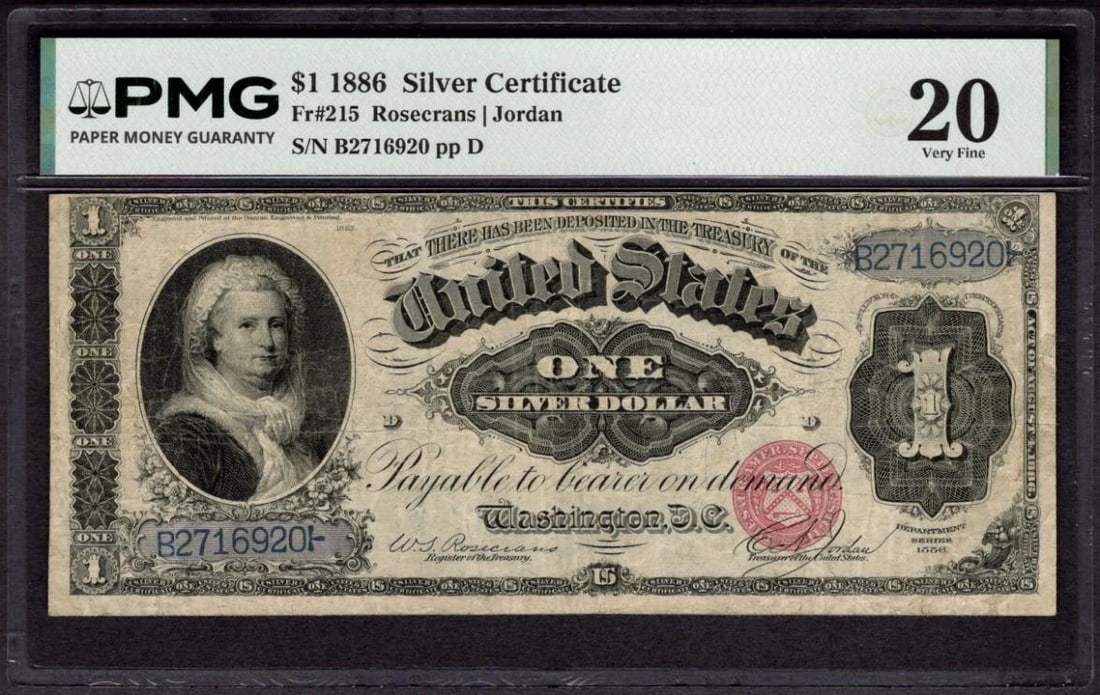 1886 $1 Martha Washington Silver Certificate PMG 20: One 1886 $1 Martha Washington Silver Certificate PMG 20.