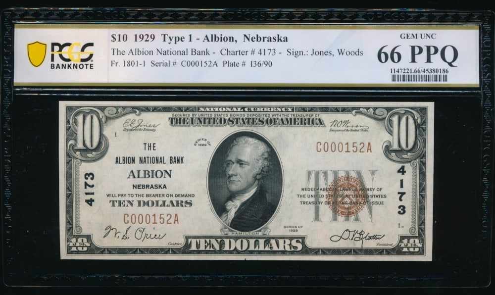 1929 $10 Albion NE National PCGS 66PPQ (1 of 2)