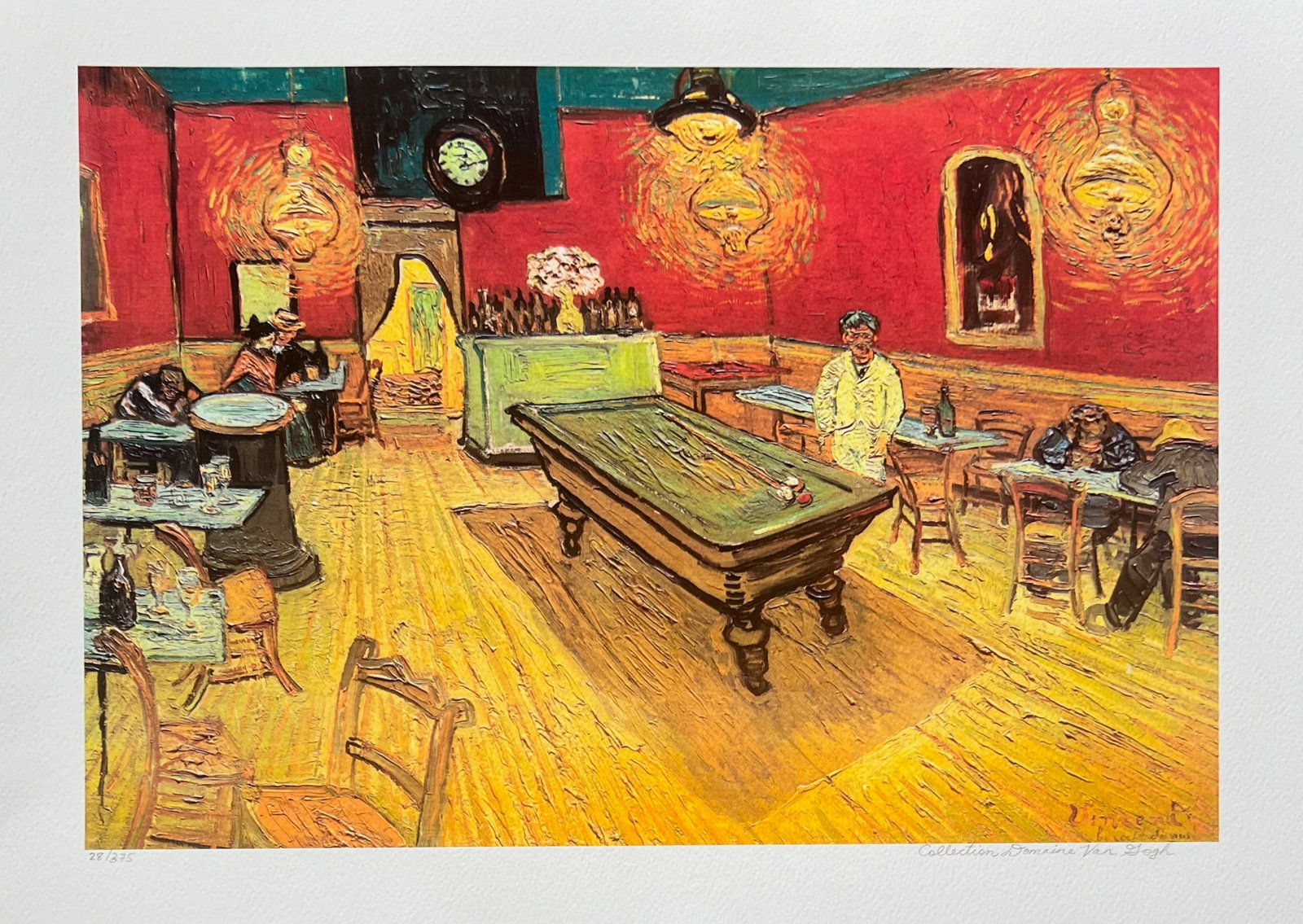 Vincent Van Gogh THE NIGHT CAFE Estate Signed Limited Edition Giclee BILLIARDS: This is a VINCENT VAN GOGH (ESTATE COLLECTION DOMAINE) giclee titled THE NIGHT CAFE. This piece is pencil signed on the lower right as Collection Domaine Van Gogh and has an embossed seal stamped by t