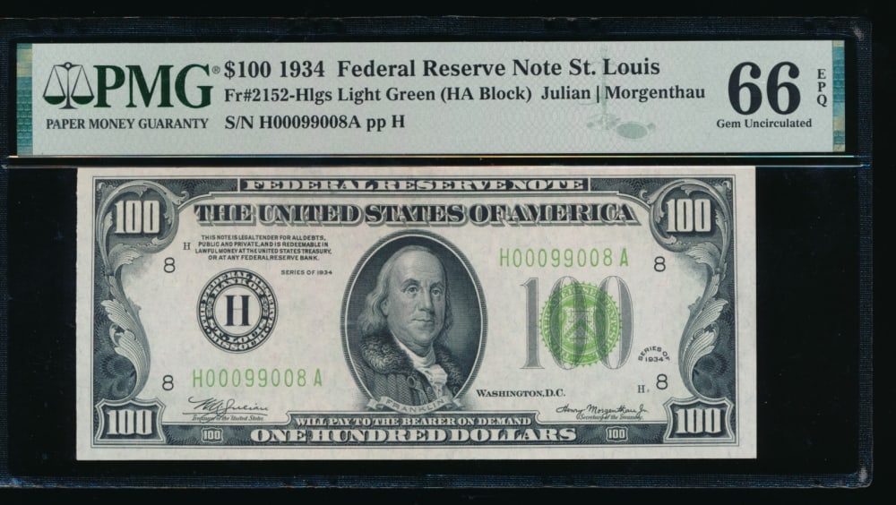 1934 $100 St Louis FRN PMG 66EPQ Top Pop: One 1934 $100 St Louis FRN PMG 66EPQ Top Pop.