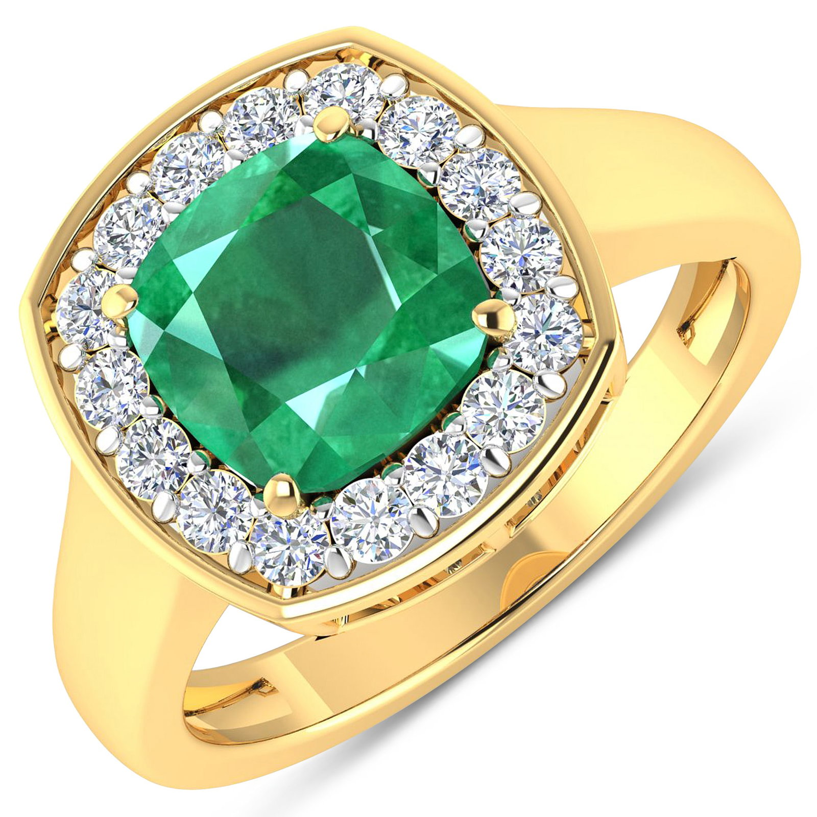 14KT Yellow Gold 2.07ct Zambian Emerald and Diamond Ring: Zambian Emerald (AA) Cushion 8.00mm - 1Pc + White Diamond F/C Round 2.00mm - 16Pcs ( White Pan Rhodium ) ( Diamond Quality : SI-2/HI ). Total weight of gemstone is 2.07cts. Total weight of Diamonds is