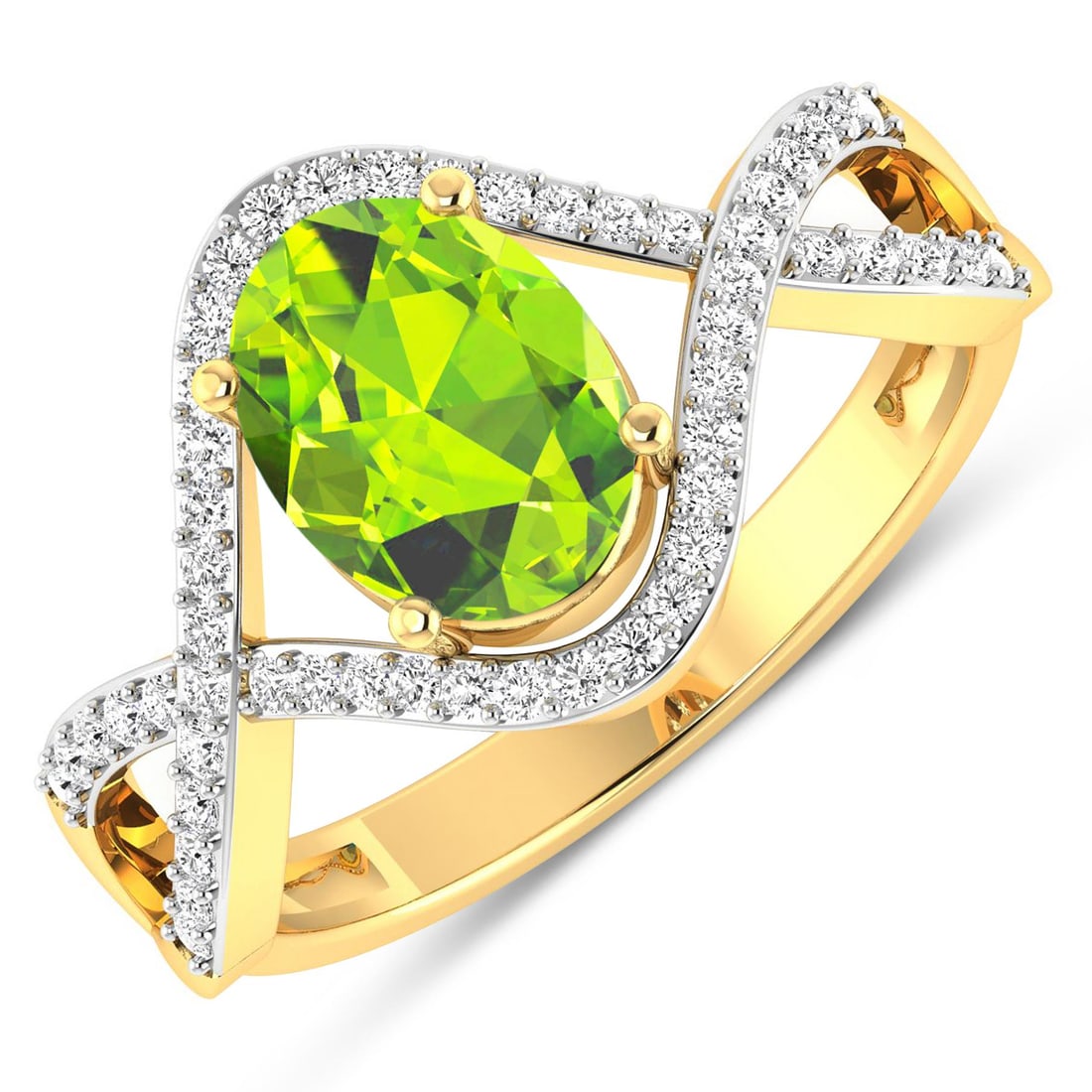 14KT Yellow Gold 1.05ctw Peridot and Diamond Ring: Peridot Oval 8x6mm - 1Pc + White Diamond F/C Round 1.00mm - 52Pcs ( White Pan Rhodium ) ( I1-I2/I color ) Total weight of gemstone is 1.05cts. Total Diamond weight is 0.24cts. Total weight of this rin