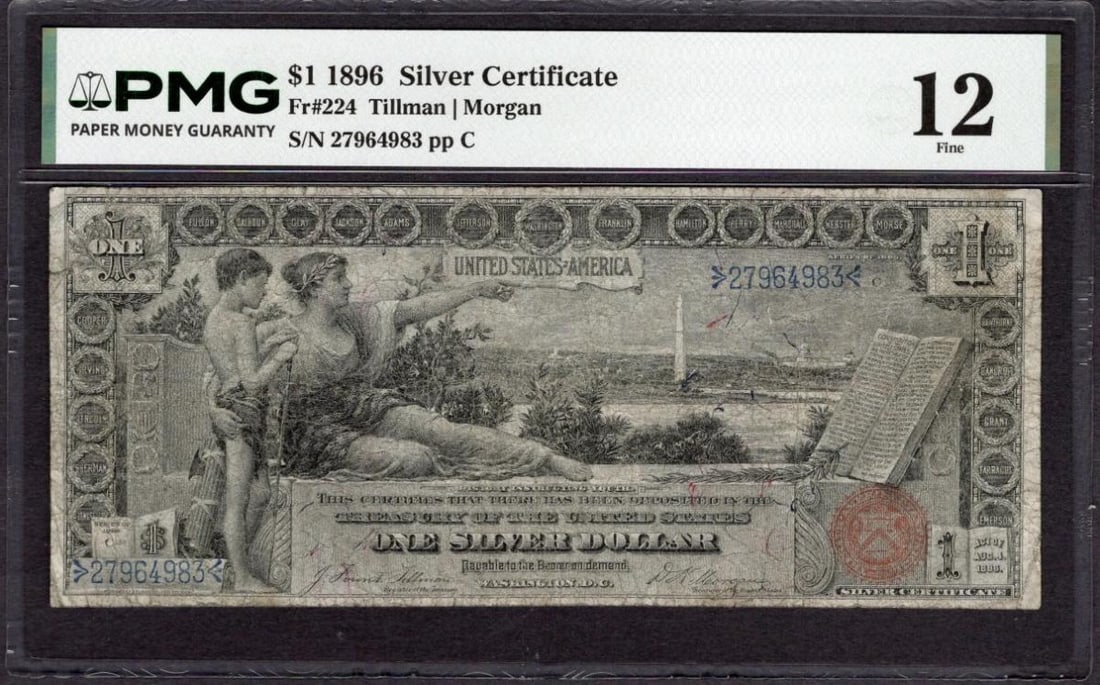 1896 $1 Educational Silver Certificate PMG 12: One 1896 $1 Educational Silver Certificate PMG 12.