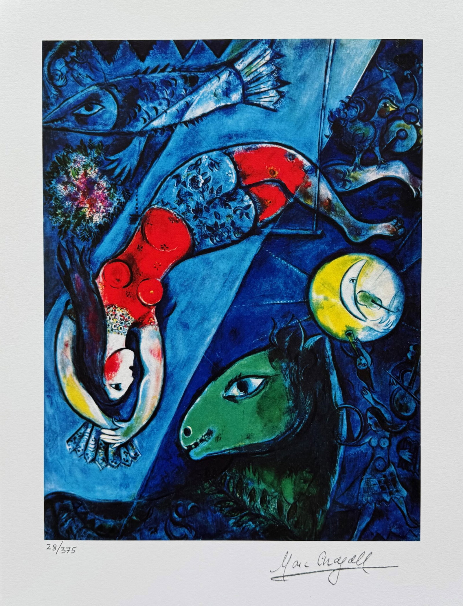Marc Chagall BLUE CIRCUS Facsimile Signed Limited Edition Giclee: This is a Marc Chagall limited edition giclee titled BLUE CIRCUS. This giclee is facsimile signed on the lower right and is pencil numbered on the lower left from an edition of 375. Paper measures 15 