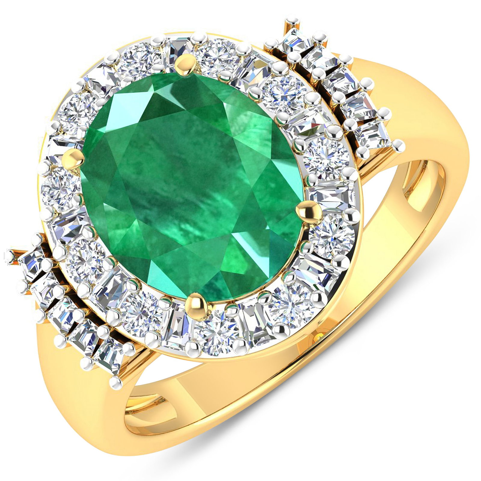 14KT Yellow Gold 3.14ct Zambian Emerald and Diamond Ring: Zambian Emerald (AA) Oval 11x9mm - 1Pc + White Diamond Tapper Baguette 2.00x1.50x1.10mm - 11Pcs + White Diamond Tapper Baguette 1.50x1.40x1.00mm - 10Pcs + White Diamond F/C Round 2.00mm - 11Pcs ( Whit