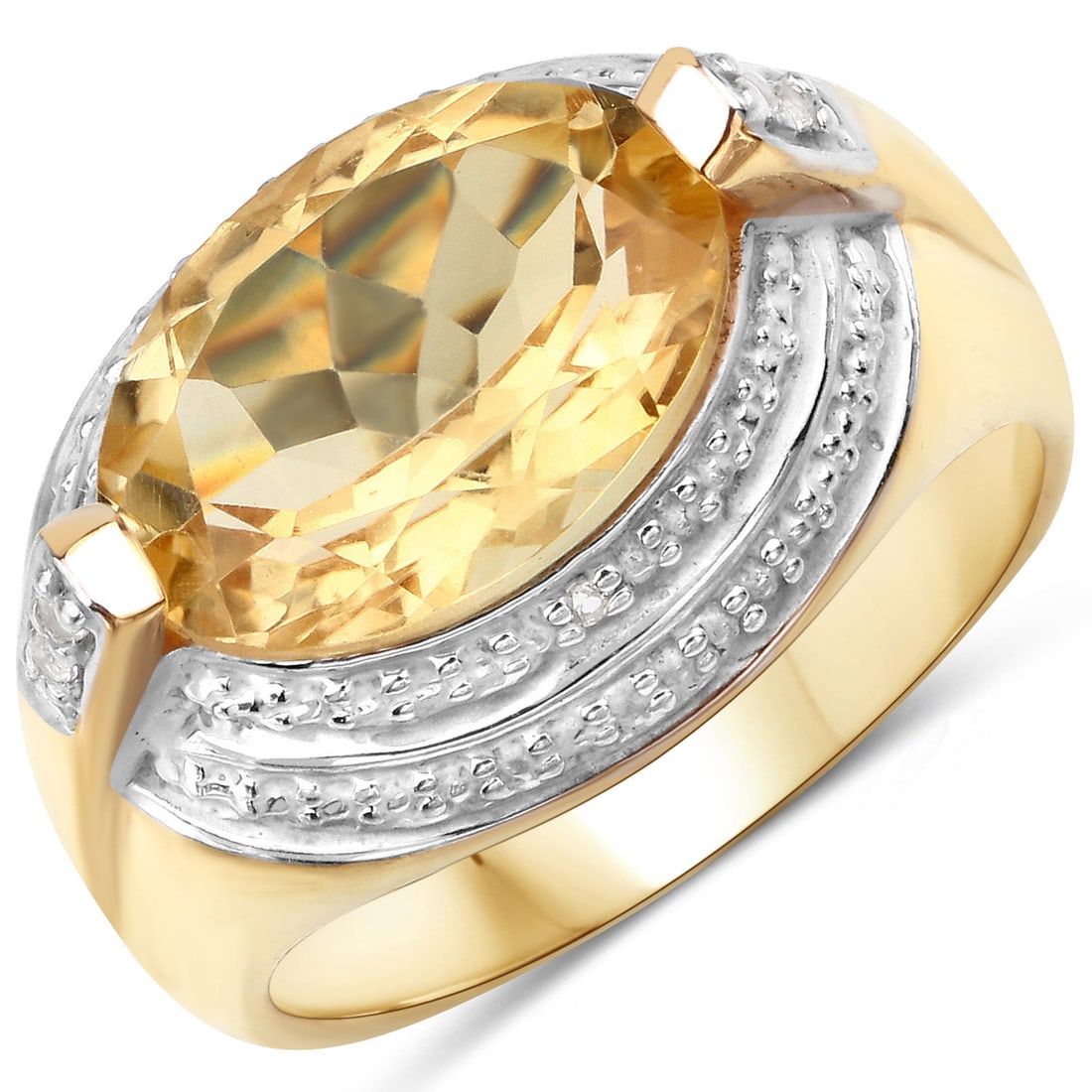 Plated 14KT Yellow Gold 4.50ct Citrine and Topaz Ring: 4.57 Carat Genuine Citrine and White Topaz.925 Sterling Silver Ring. Citrine Oval/14x10mm - 1/4.50 ctw Prong Setting Natural Heat Treated N + White Topaz Round/1.30mm - 4/0.06 ctw Natural Heat Treated