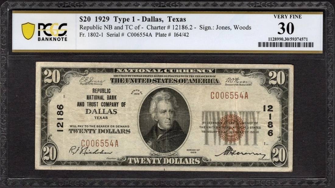 1929 $20 Dallas TX National PCGS 30: One 1929 $20 Dallas TX National PCGS 30.