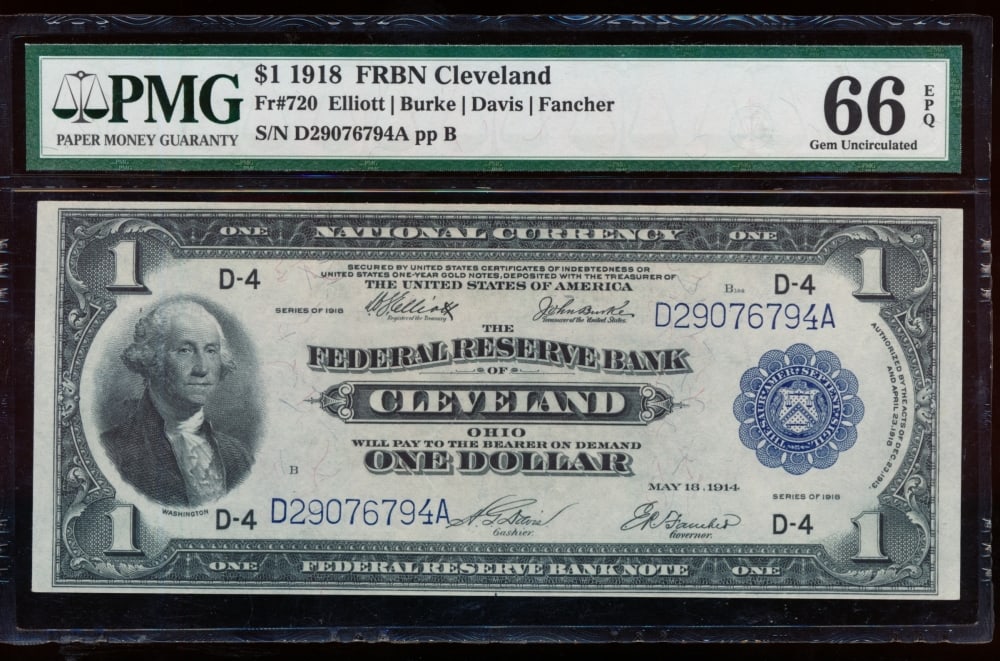 1918 $1 Cleveland FRBN PMG 66EPQ: One 1918 $1 Cleveland FRBN PMG 66EPQ.