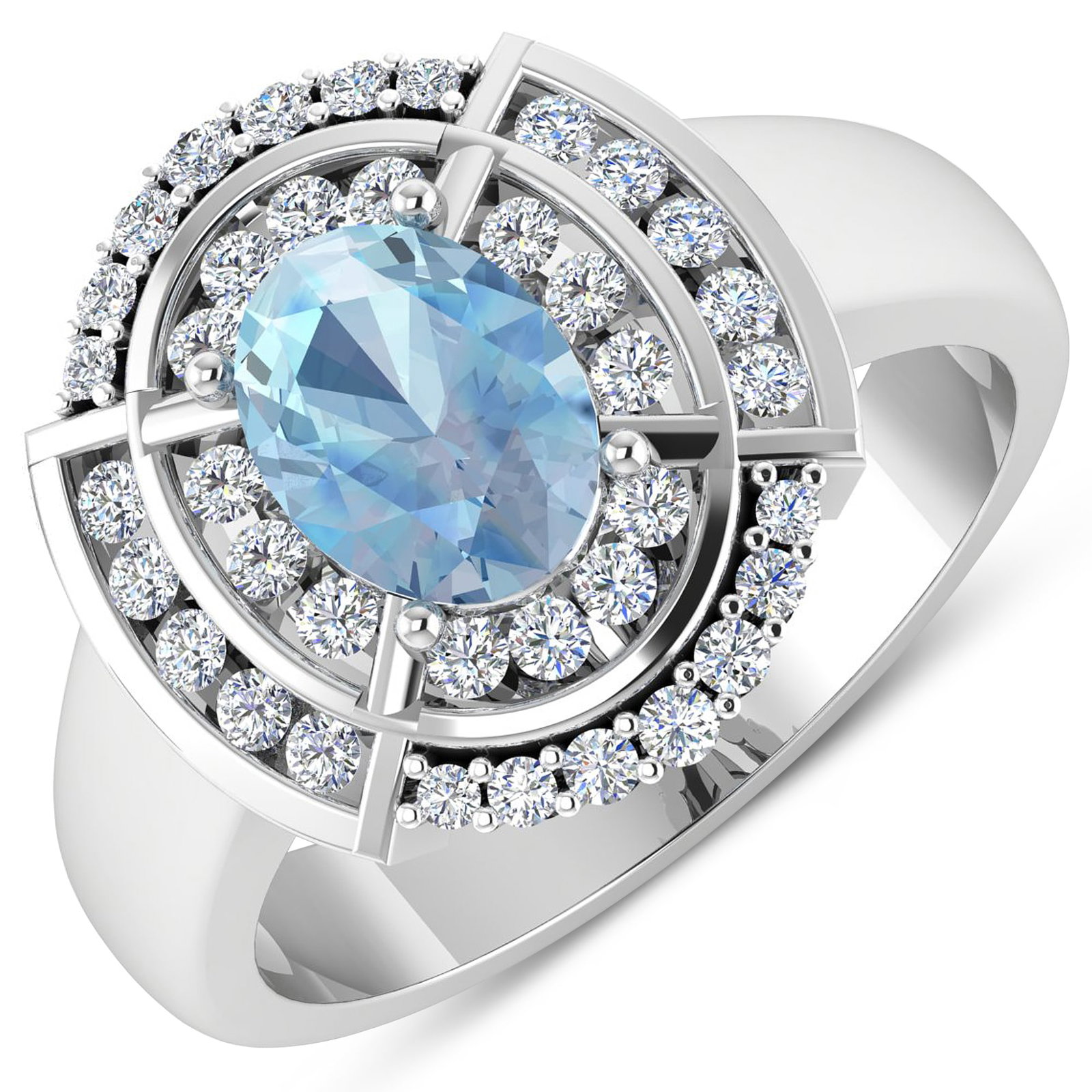 14KT White Gold 0.96ct Aquamarine and Diamond Ring: Aquamarine (AA+) Oval 8x6mm - 1Pc + White Diamond F/C Round 1.50-1.60mm - 24Pcs + White Diamond F/C Round 1.20mm - 14Pcs (I1-I2/I color). Total weight of gemstone is 0.96cts. Total weight of Diamonds 