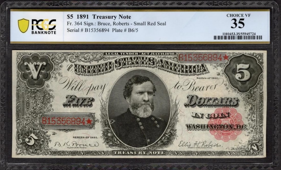 1891 $5 Treasury Note PCGS 35: One 1891 $5 Treasury Note PCGS 35.