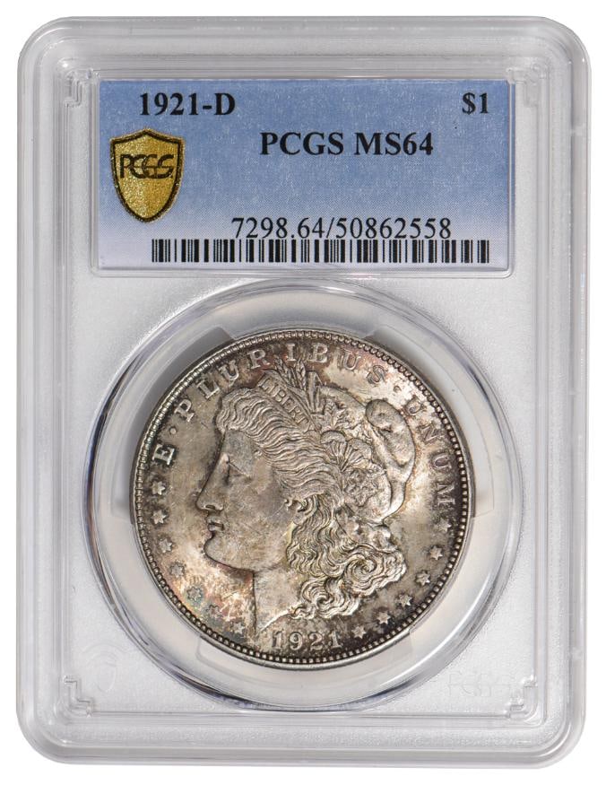 1921-D $1 Morgan Silver Dollar PCGS MS64: One 1921-D $1 Morgan Silver Dollar PCGS MS64.
