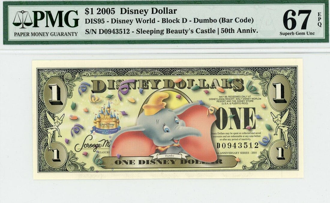 2005 $1 Dumbo Disney Dollar PMG 67EPQ: One 2005 $1 Dumbo Disney Dollar PMG 67EPQ.