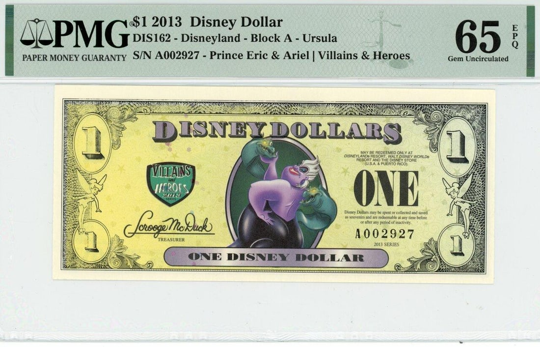 2013 $1 Ursula Disney Dollar PMG 65EPQ: One 2013 $1 Ursula Disney Dollar PMG 65EPQ.